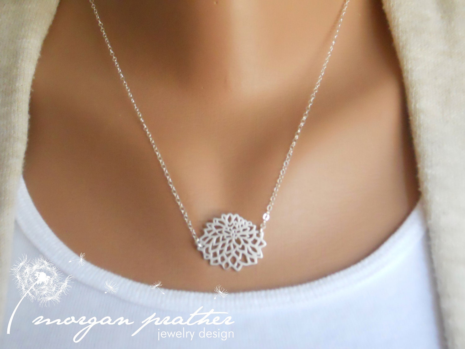 Dahlia Necklace in Silver - Dainty Flower Pendant Charm Suspended - Sterling SIlver Chain -Perfect Gift - Wedding - morganprather