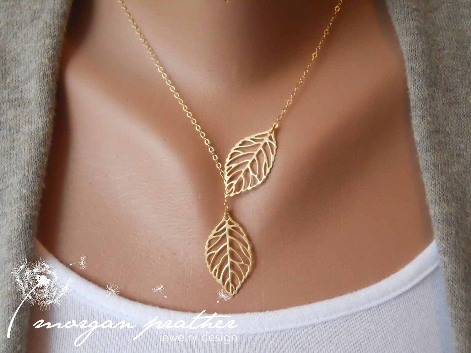 Leaf Lariat in Gold - gold dainty leaf pendants - gold filled fine chain - morganprather