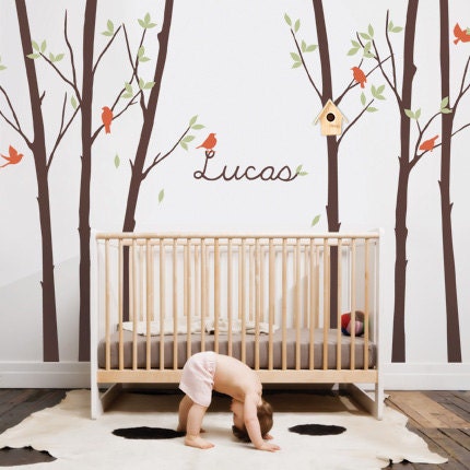 Tree Wall Decal with Leaves Birds & Personalized Name