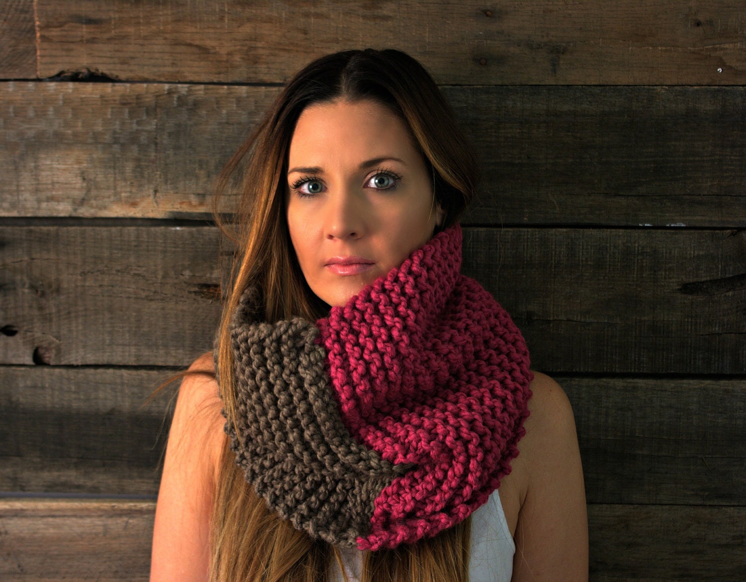 The Hawley-Green Cowl-color block-unisex-infinity scarf Taupe and Berry