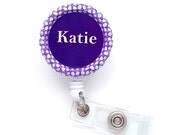 Personalized Purple Polka Dot - Retractable ID Badge Reel - Nurse Badge Holder - Cute ID Badge Reel