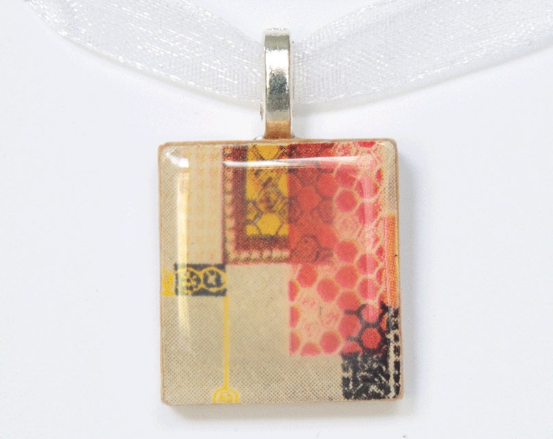 Scrabble Pendant: Pink Abstract Charm, Handmade from Vintage Fabric Images, Upcycled Scrabble Tile Necklace, One of A Kind, No. 1397
