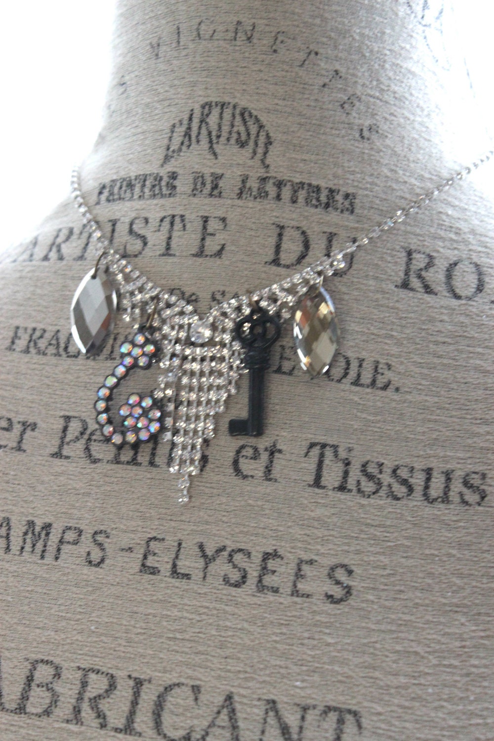 Rhinestone necklace bling, romantic gypsy cowgirl glam charm neckalce, rusty skeleton key Necklace, Rustic country chic jewelry