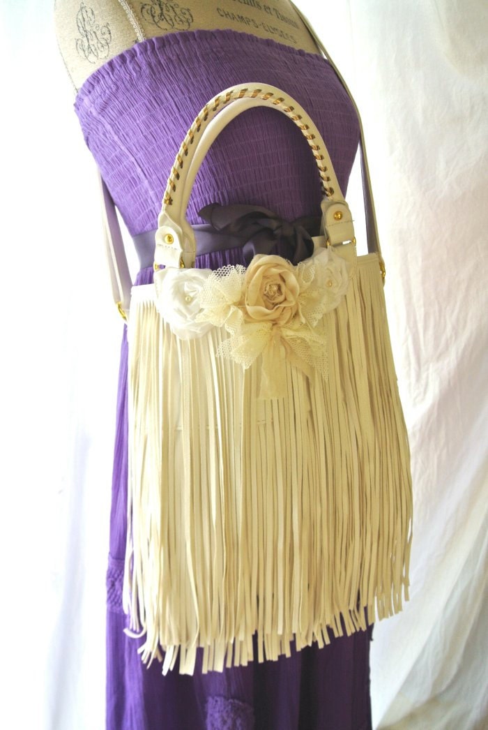 Boho fringe purse, vintage rose embellished, shabby rose fringe bag, country chic, cottage handbag, womens accessories