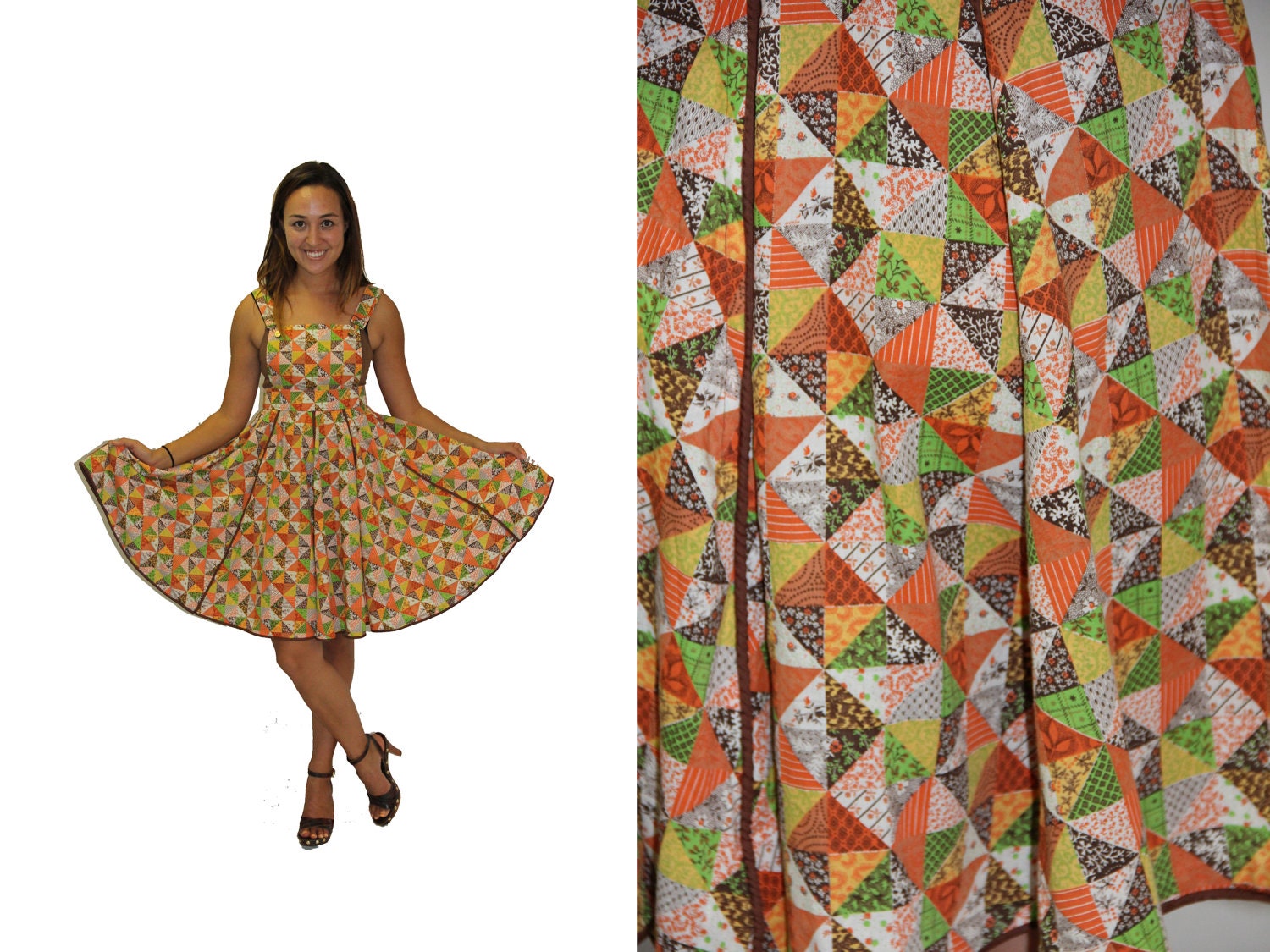 Vintage Autumn Dress Pinafore Jumper 1970s Patchwork Bib Overall Dress Brown Orange Yellow