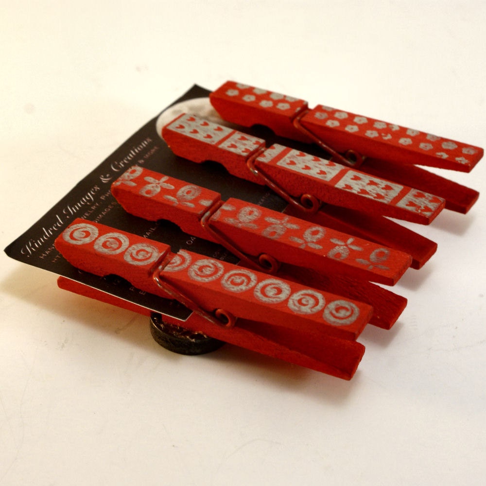 Scarlet Red Clothes Pin Clips Magnet  Set of 4 Painted & Hand Stamped M29