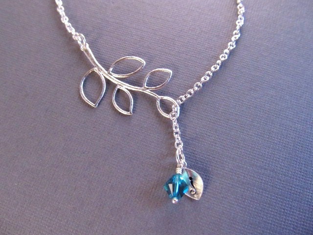 Birthstone Necklace, Silver Branch and Leaf with Initial and Birthstone, Lariat Necklace, Personalized Necklace, Graduation Gift