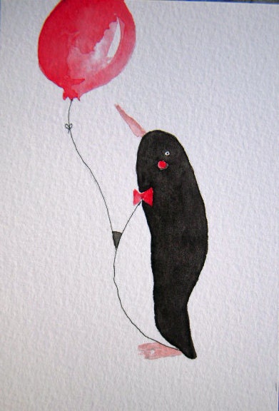 Pengy - Penguin with red balloon, simple watercolor, original, birthday, bow tie, childrens art, black and white, bird, small art