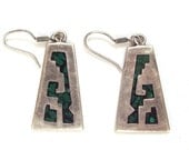 Mexican Trapezoid Sterling Silver Earrings with Black and Green Inlay