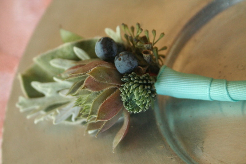 Boutonnieres, succulents, Oregon grape, lambs ear, dusty miller