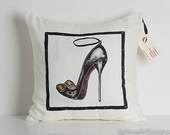 Shoe Pillow Cover Black High Heel Shoe Handpainted 16 inch