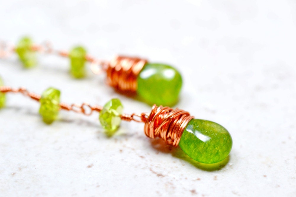 Peridot Earrings August Birthstone Earrings Handmade Copper Jewelry, Long Dangles, Green Stone Jewelry