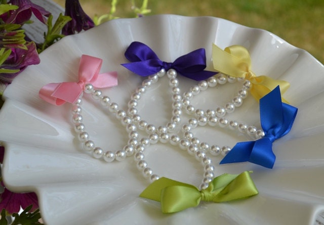 Little Girl Pearl and ribbon bracelet for flower girl gift, birthday gift, baby or girls photo prop custom made