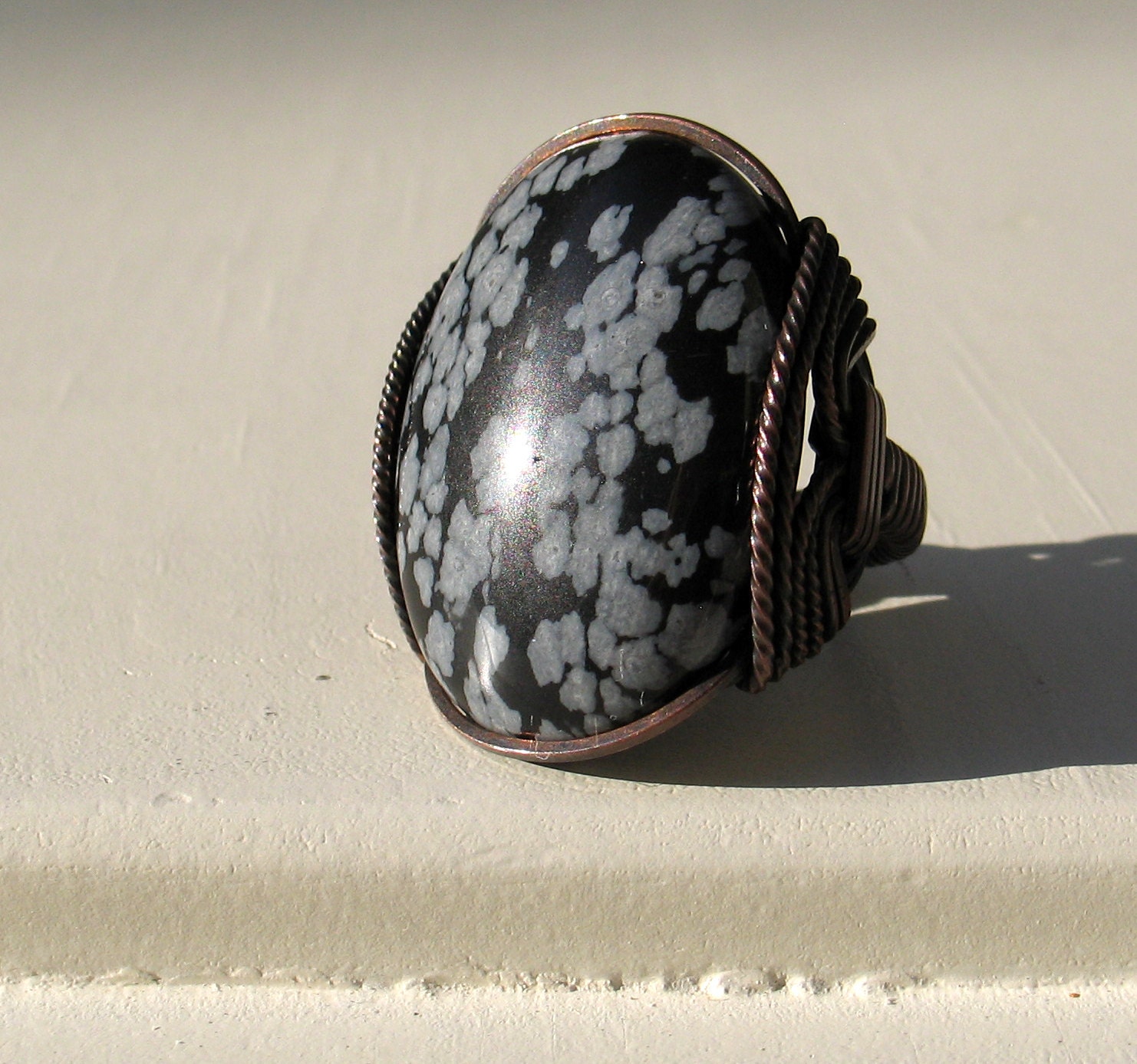 Obsidian Ring, Black and White, Chunky Stone Ring, Volcanic Stone, Oxidized Copper, Snowflake Obsidian