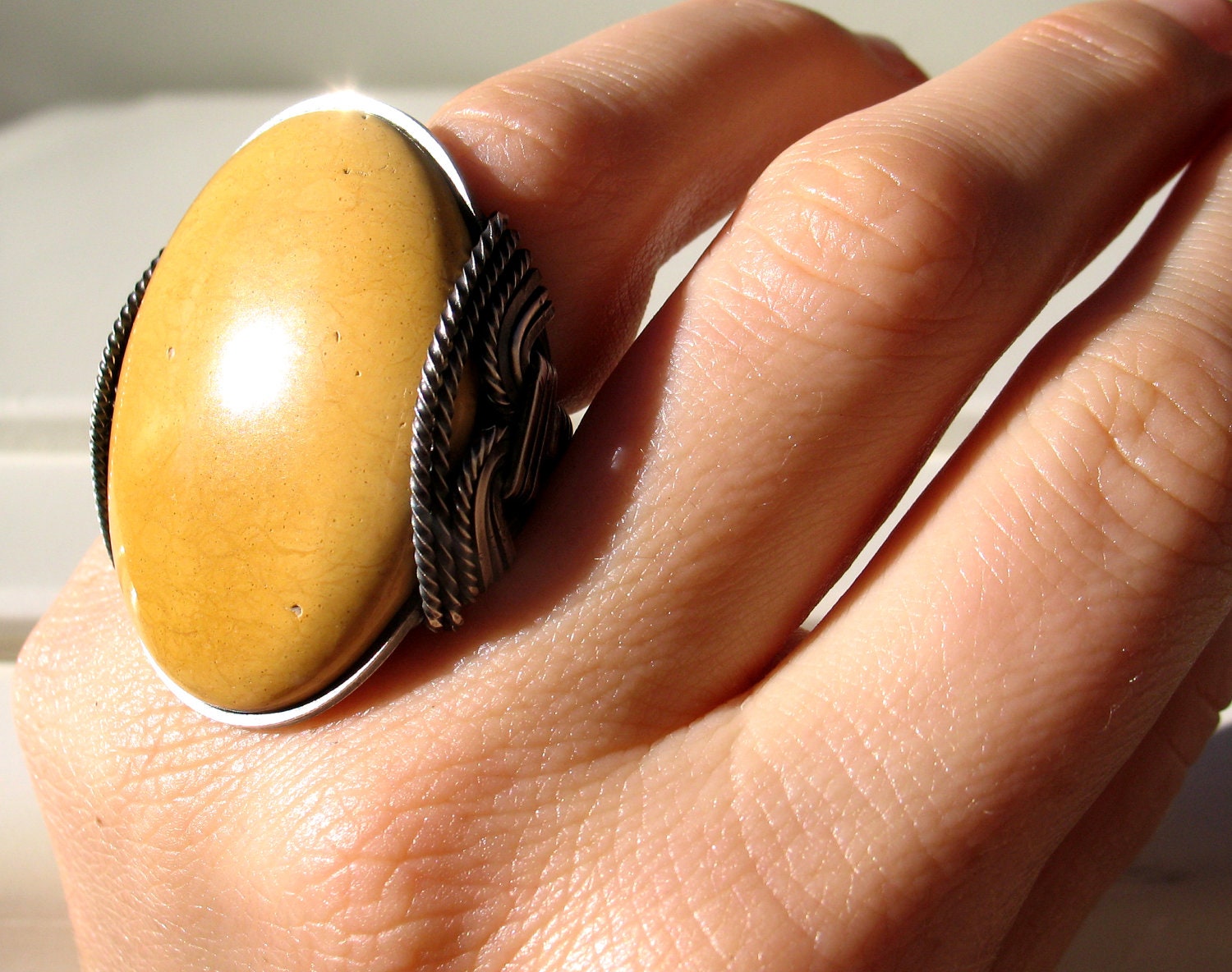Statement Ring, Honey Gold, Mustard Yellow, Oxidized Green Eco Sterling Silver