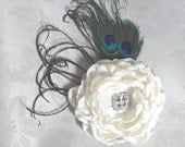 Wedding hair flower - Ivory Peony clip or comb with peacock  eye Feather wedding headPiece Fascinator