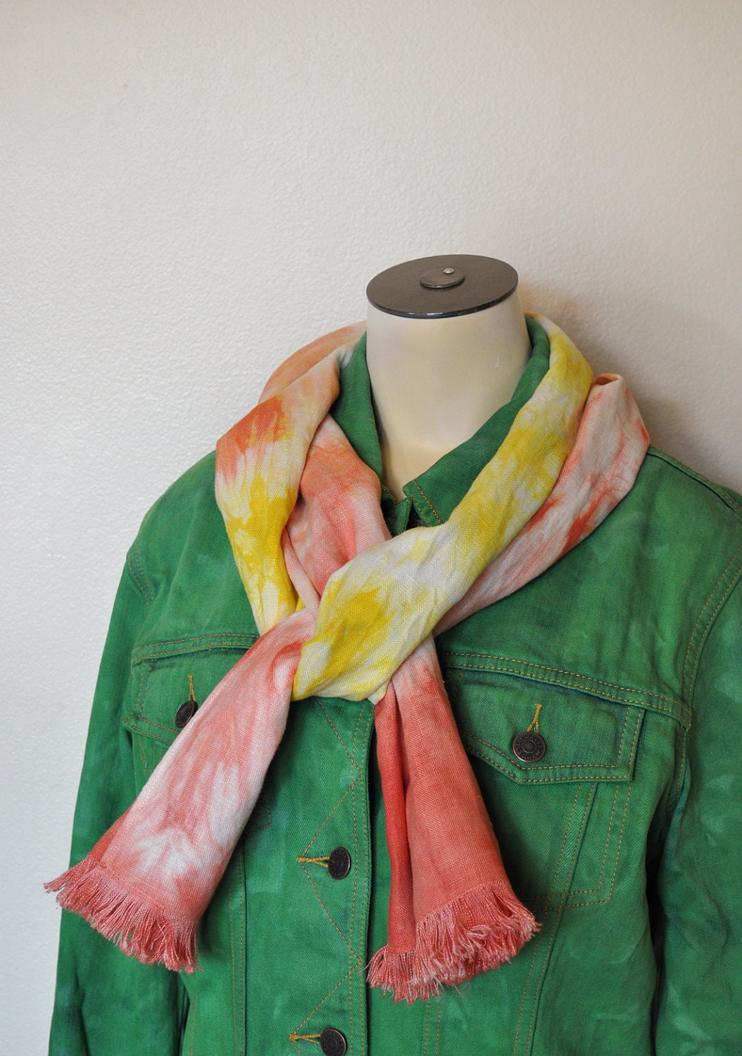 Linen SCARF - Red Yellow Gold Blend Multicolor Hand Dyed Tie Dye Hand Made Linen Scarf- 12X72"
