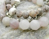 Gemstone Bead Bracelet Set of 3 - Agate, Pyrite and Flowery Fossil Elastic Stacking Sterling Silver Pink Fools Gold