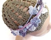Hand crocheted Lace Bohemian Beanie Hat Flower garden tape