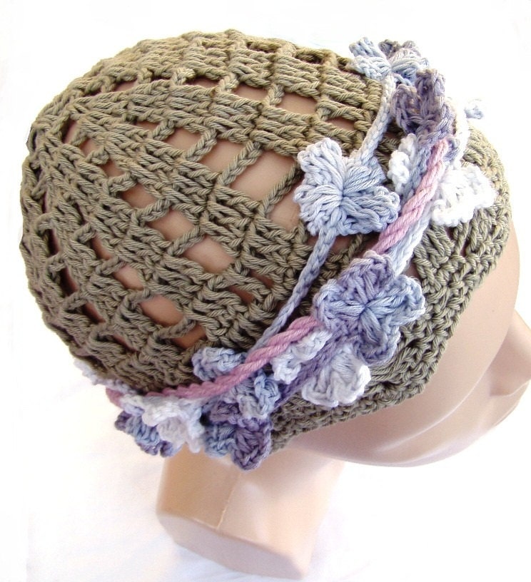 Hand crocheted Lace Bohemian Beanie Hat Flower garden tape