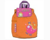 SHIPS SAME DAY-- Girlie Monster Quilted Back Pack or Diaper Bag in Orange and Pink - Includes Free Personalization