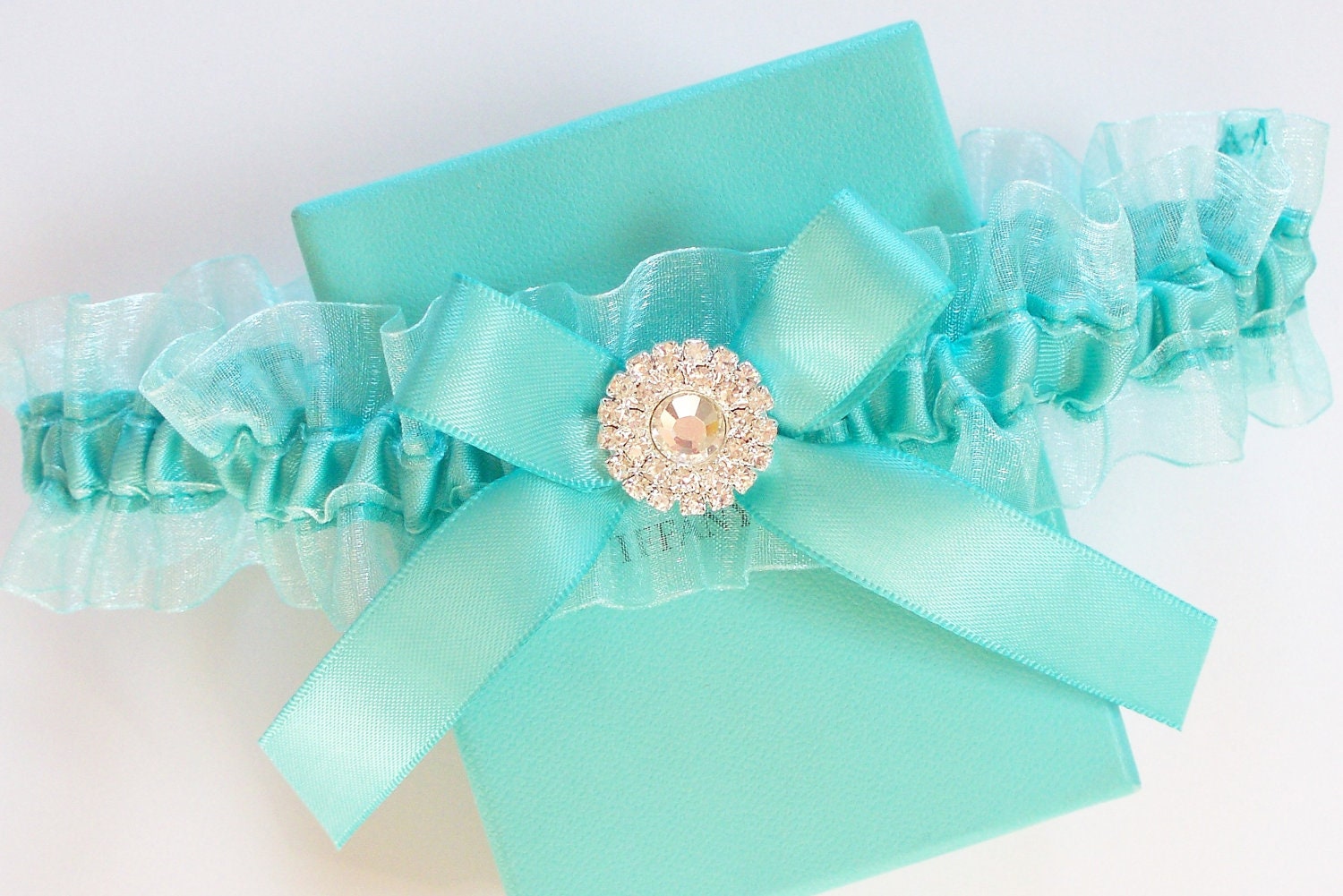 Tiffany Blue Garter with Rhinestone Center