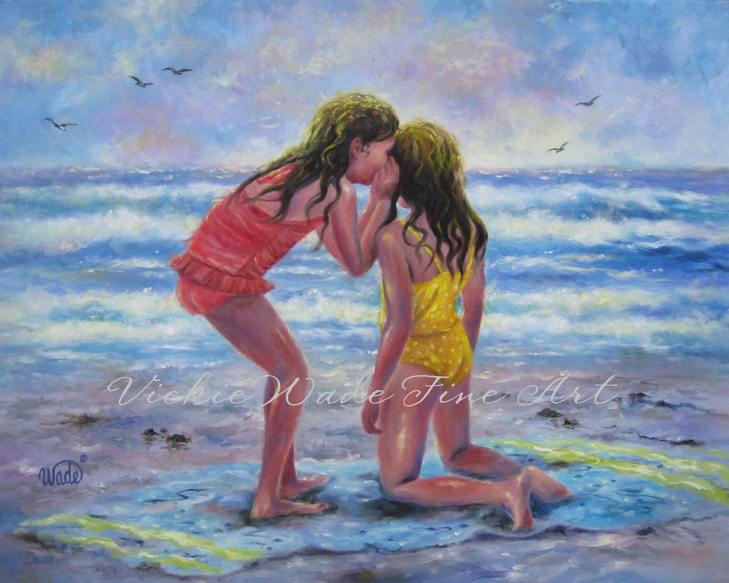 Sea Secrets 24 X 30 Original Oil Painting, beach girls painting, ocean, sisters, whispering, ocean, seascape, Vickie Wade art