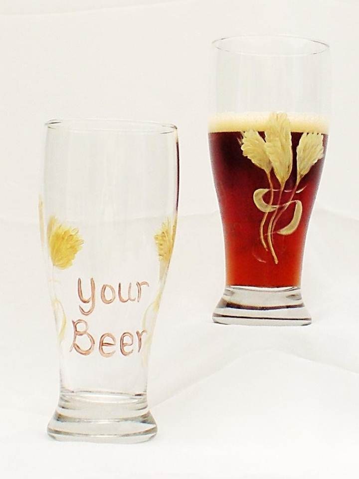 Hand Painted Beer Glasses - Amber Hops with Copper Lettering,  Funny "My Beer" "Your Beer" 15 oz., Set of 2 - Pilsner Gag Gift Fathers Day