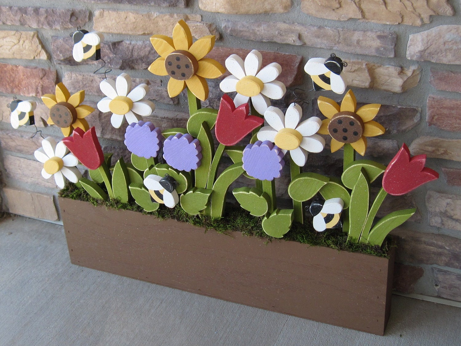 FLOWER BOX With Daisies, Sunflower, Tulips, Lilac and Bees for home decor, door hanger, mothers day and spring decor
