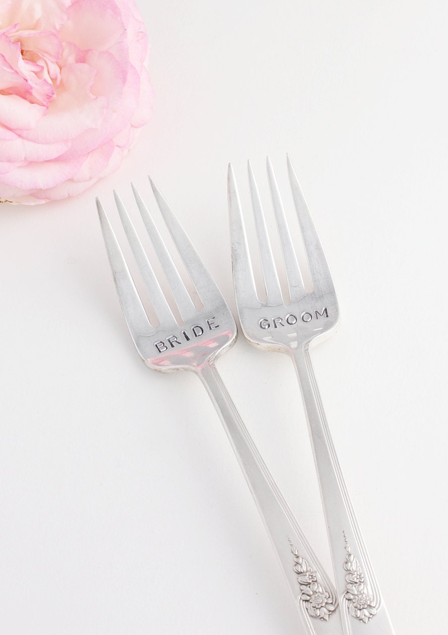 Wedding Forks Bride and Groom Fork Set. 1940 Youth Hand Stamped Silverware