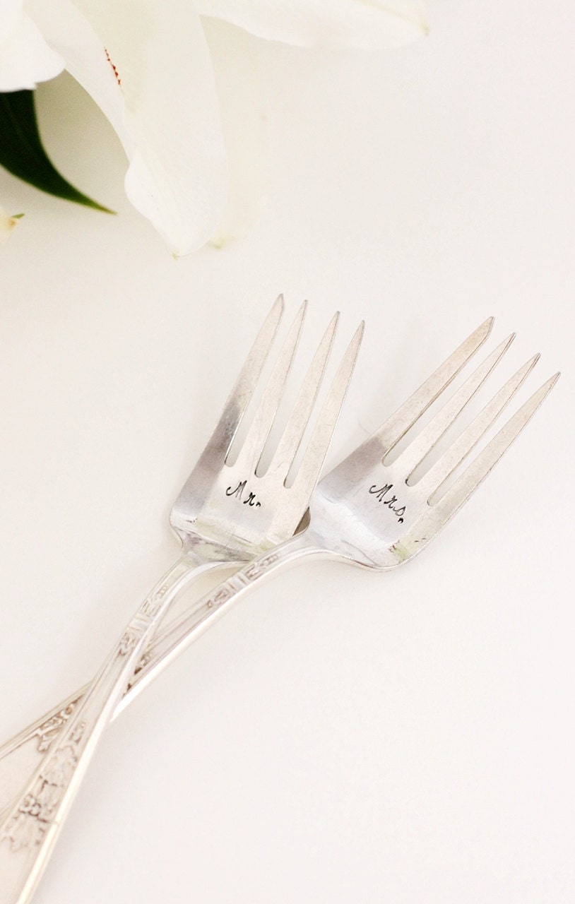 Cottage Chic Mr. Mrs. Wedding Cake Forks 1919 -1973 Ambassador Recycled Flatware