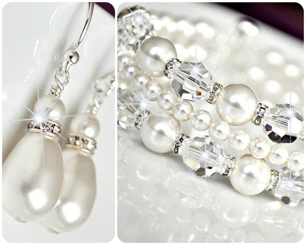 Wedding Jewelry Bracelet SET, Crystal Pearl Wedding Jewellery SET, Wedding Cuff Bracelet and Earrings SET, Swarovski Elements