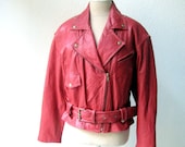 vintage 80's red classic cropped racer motorcycle leather jacket.  size medium