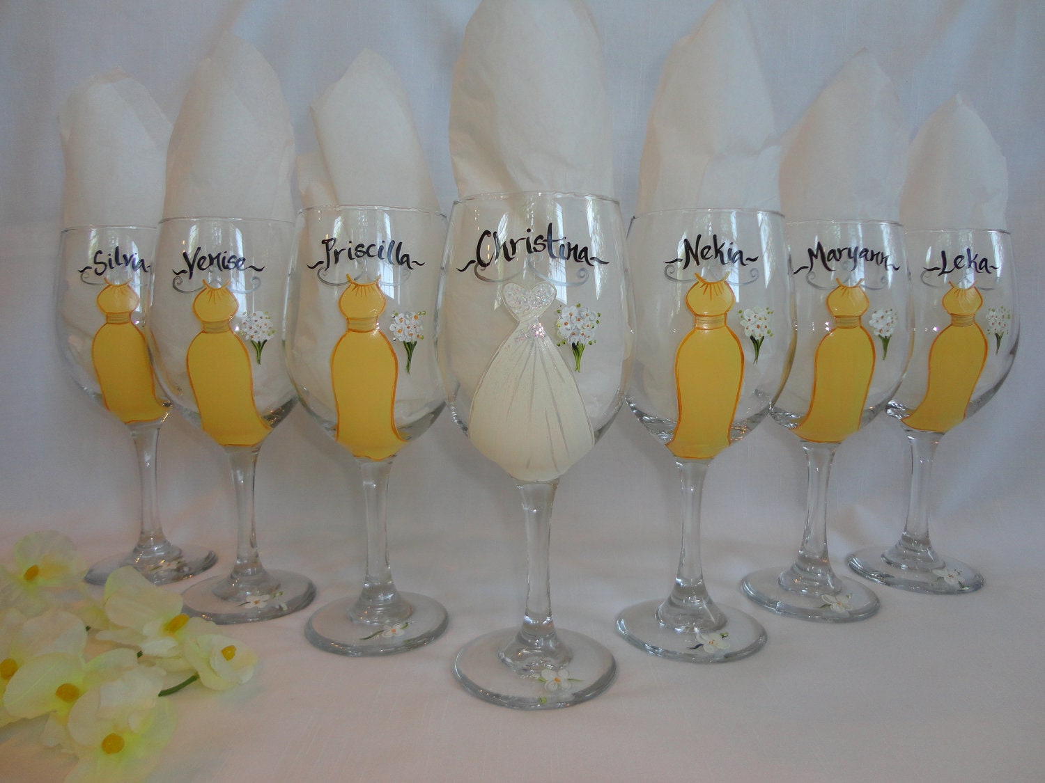 Hand Painted Personalized Bridal Party Wine Glasses - CUSTOM DRESS STYLE - Gift wrapping available