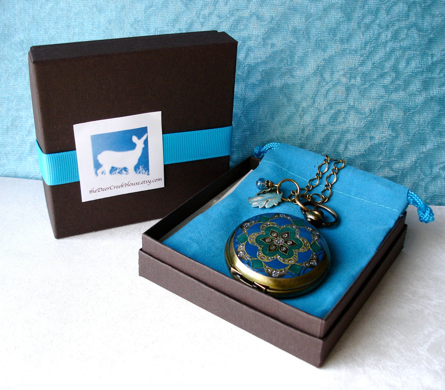 Teal &  Emerald Mandala Pocket Watch Locket Pendant with Matching Earrings and Tool