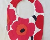 Marimekko bib,  in red Pieni Unikko, optional pacifier clip or Sophie leash available, authentic Marimekko fabric from Finland