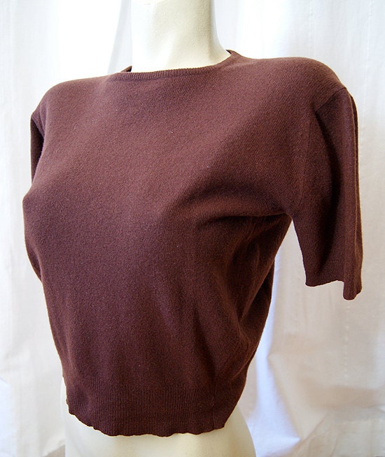Sexy 1950's chocolate brown cashmere short sleeve pull over sweater top by Jantzen pin up girl vlv rockabilly busty - size Large