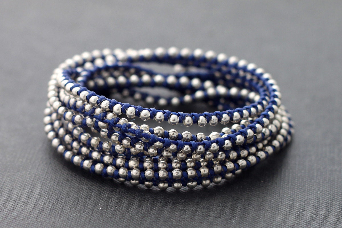 Blue Silver Beaded Wrap Bracelet