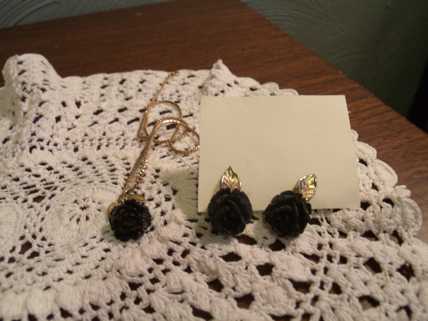 Mid Century Van Dell Necklace & Earrings,  Black Carved Roses, Leaves,12kt Gold Filled, Excellent