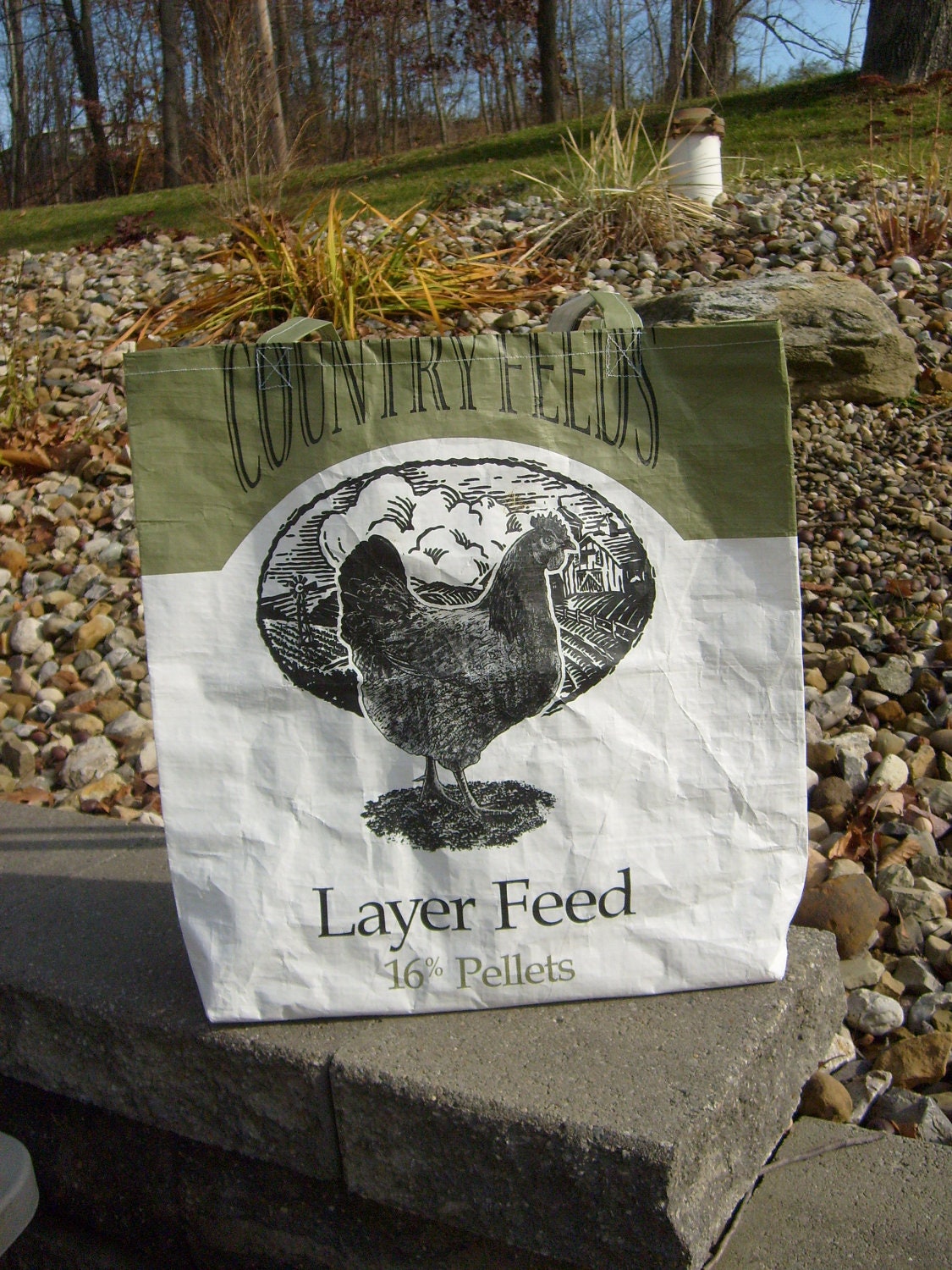 Recycled Feed Sack Olive Green Chicken Food Reusable Market Bag Tote Purse