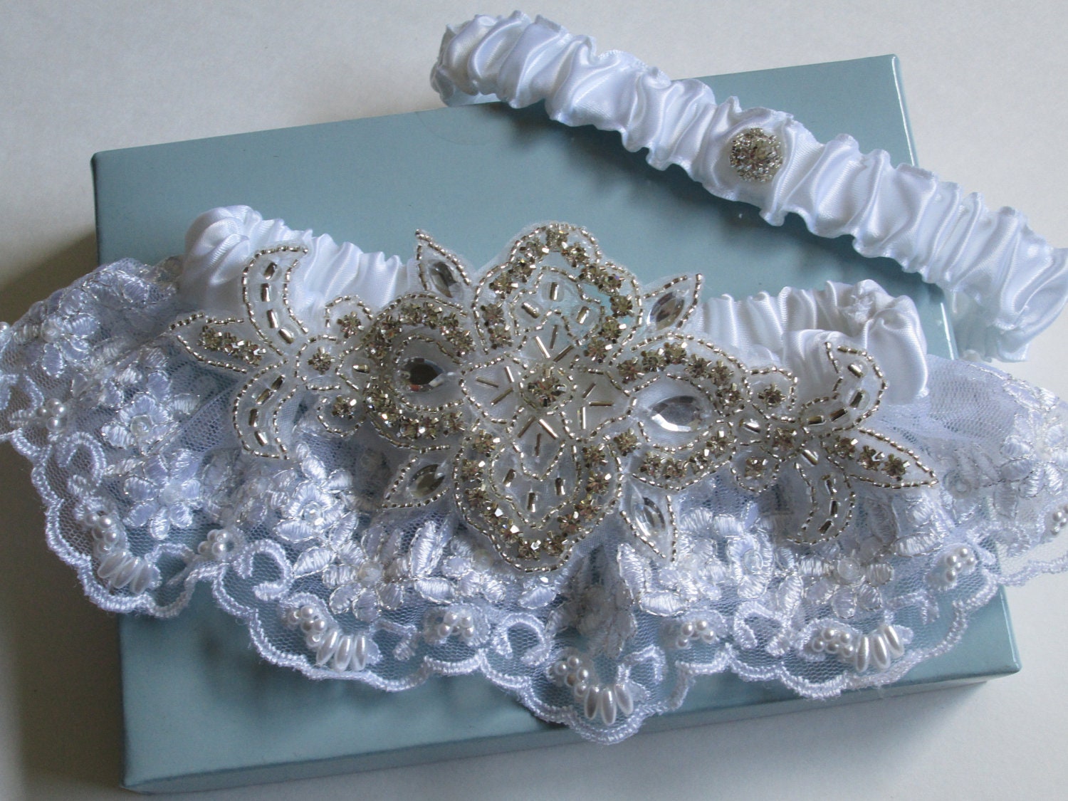 Bridal Wedding Garter Set, White Satin Garter, White Lace Garter, Pearled/Beaded Lace Garter, Heirloom Garter, Rhinestone Garter