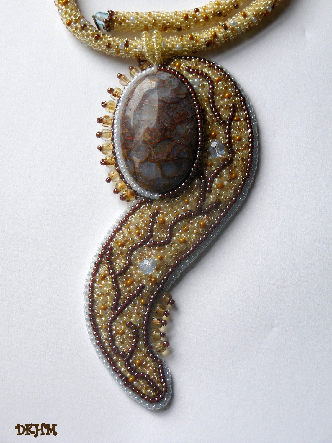 Brown, gold and light blue embroidered pendant with beautiful pietersite gem stone on crocheted chain OOAK
