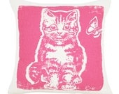 Decorative Pillow, Hot Pink, Kitten, Silk Screened on Cotton Bark Cloth, 10 inch