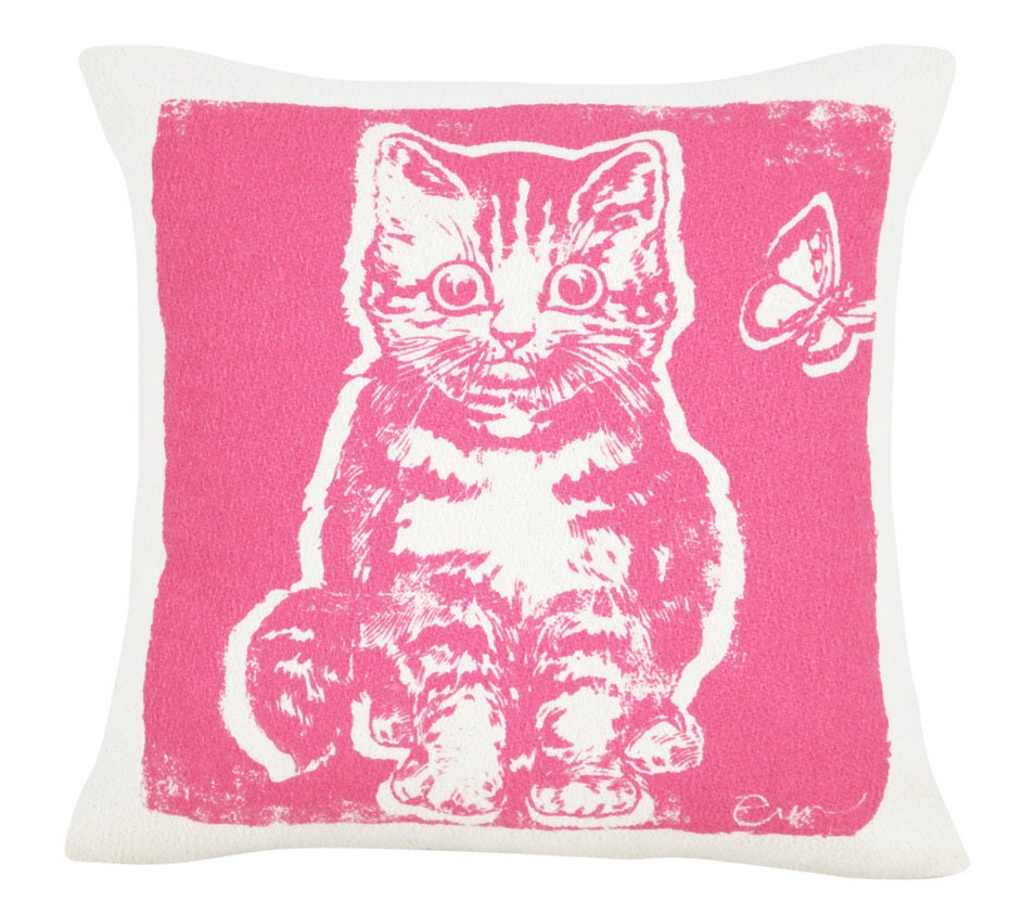 Decorative Pillow, Hot Pink, Kitten, Silk Screened on Cotton Bark Cloth, 10 inch