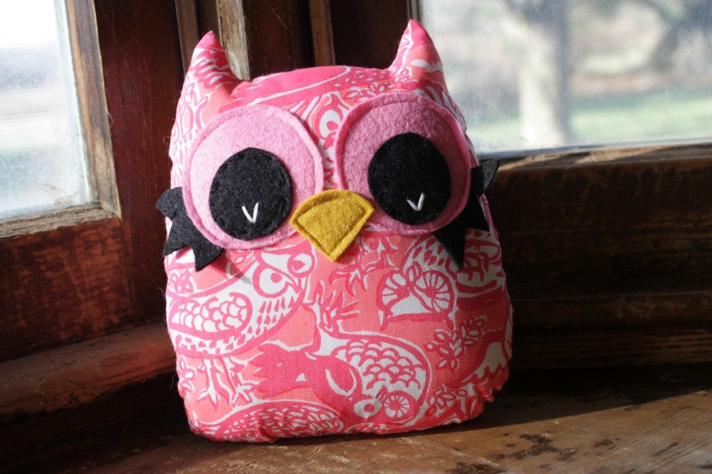 owl toy, owl decor pillow, stuffed owl plush, vintage owl fabric