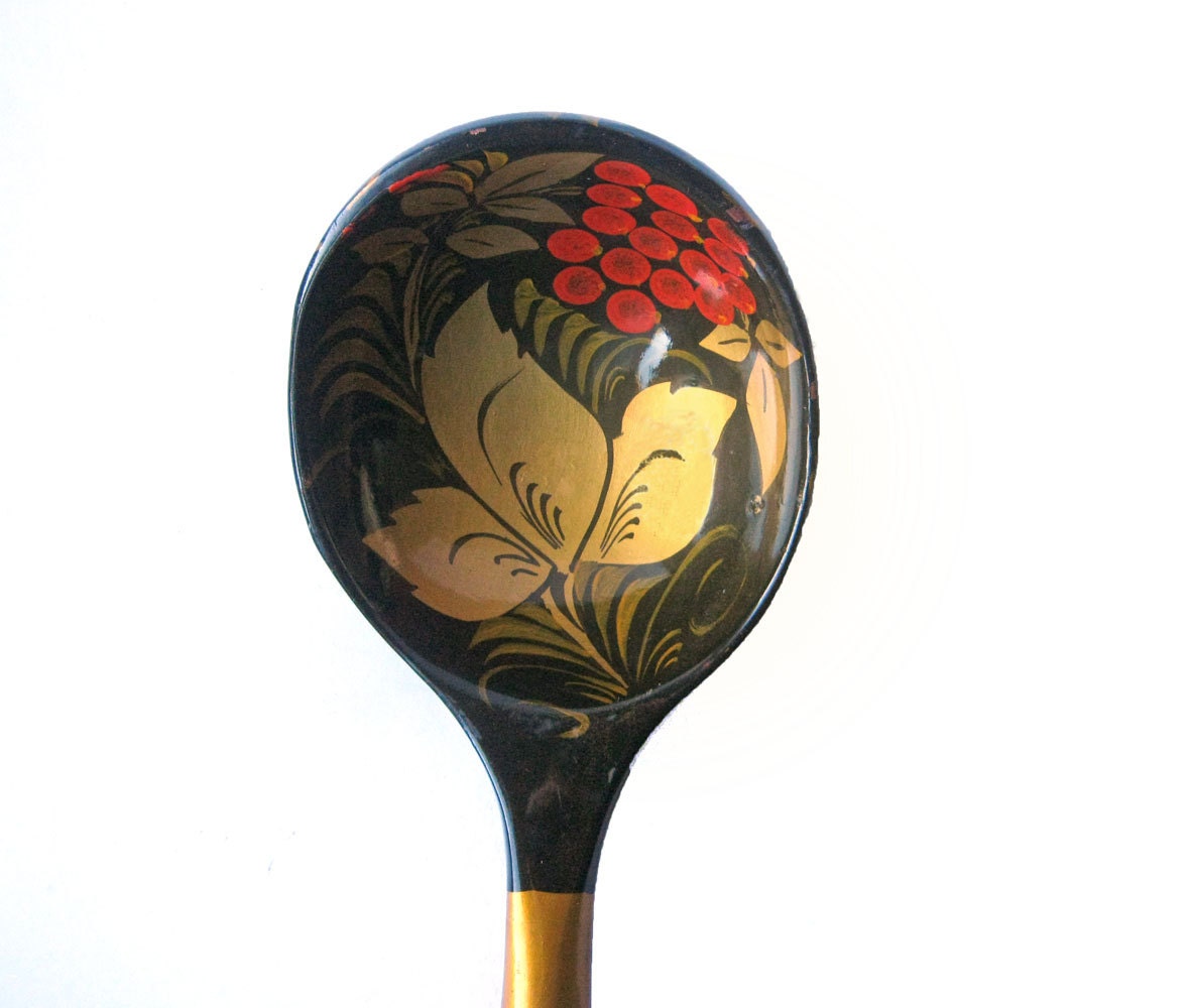 Large vintage spoon, hand painted wooden Khokhloma spoon, gold and black
