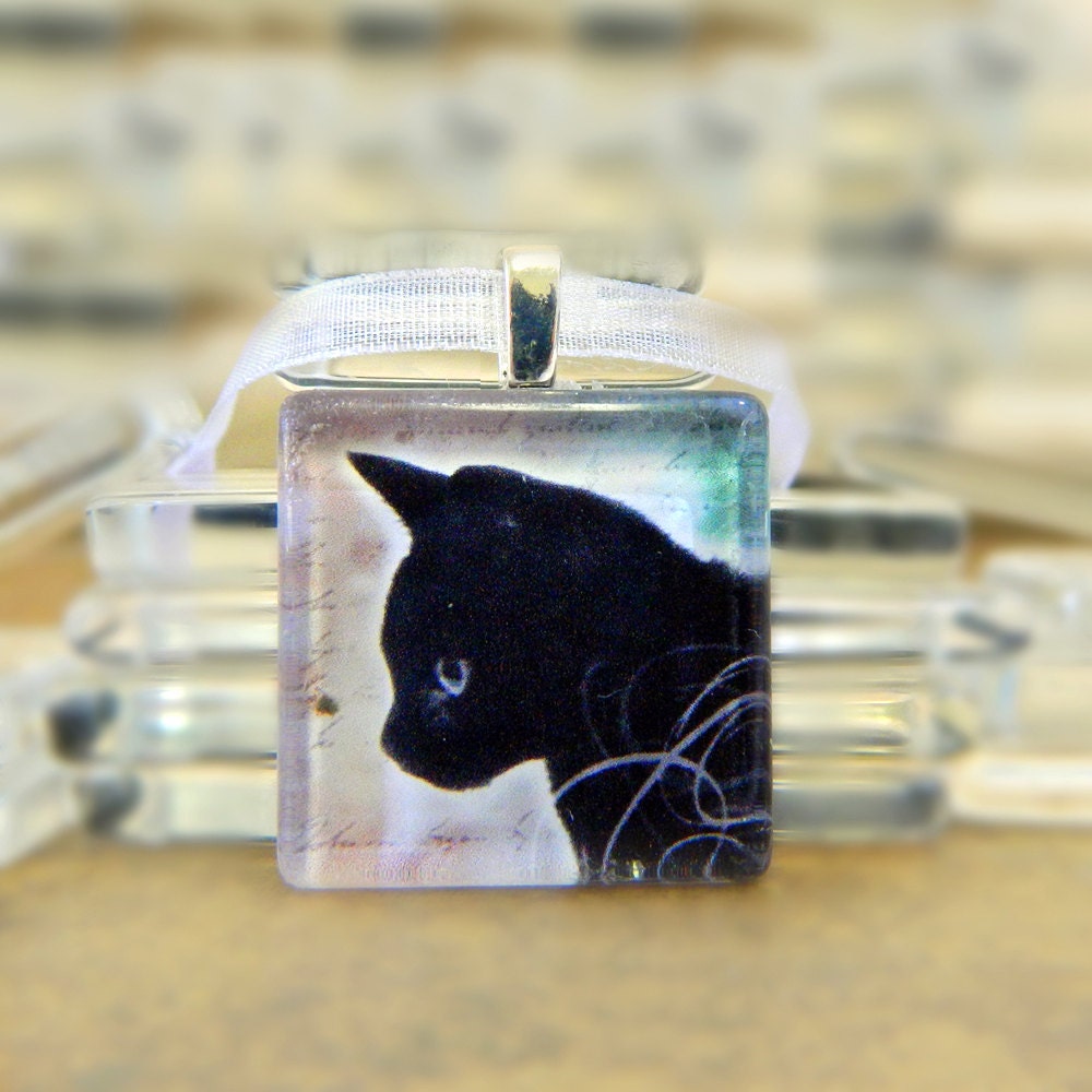 SALE Black Cat Glass Tile Pendant Necklace