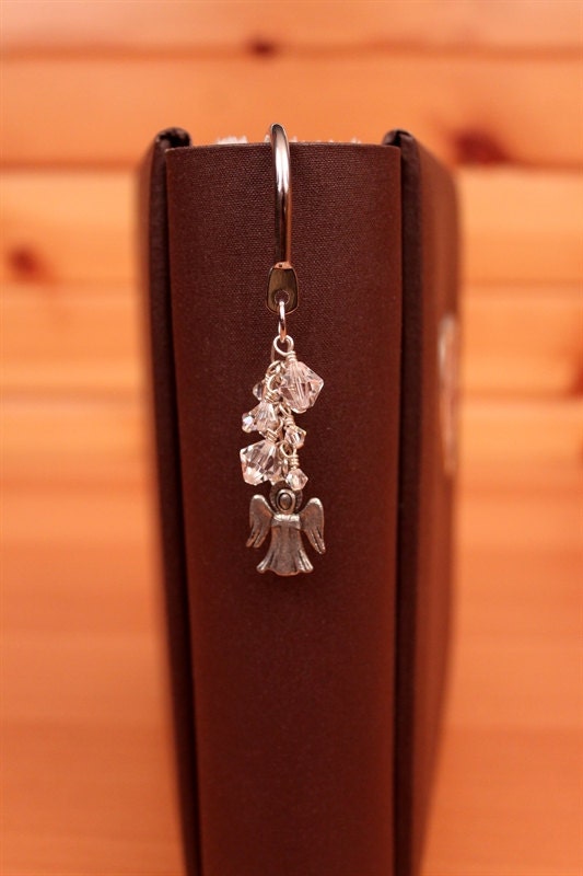 Angel and Crystal Swarovski Bicones on Large Silver Bookmark