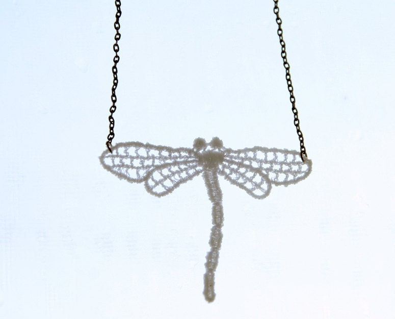 Dragonfly Necklace - Aleda - White Lace Necklace - Spring Insect Jewelry