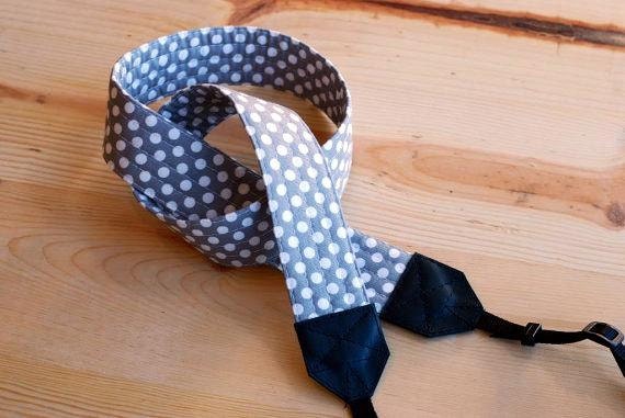 Gray Dot SLR Camera Strap with Leather Ends - Free Shipping
